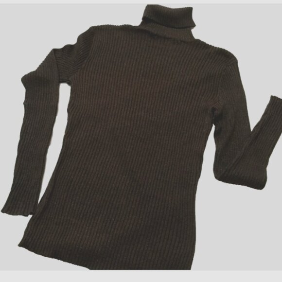 Tahari Women Size P Turtleneck Sweater Dark Brown Sparkle Ribbed Knit 97% Silk - Picture 4 of 11